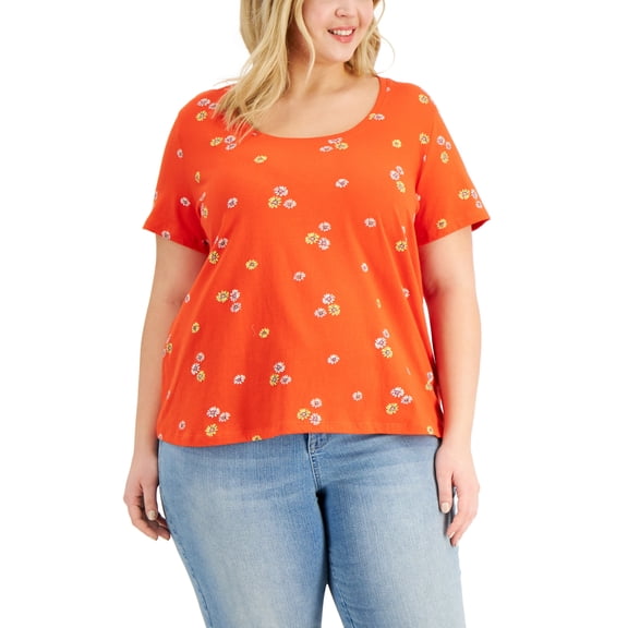 Style & Co Plus Size Cotton Floating Garden Printed T-Shirt Orange Garden 0X