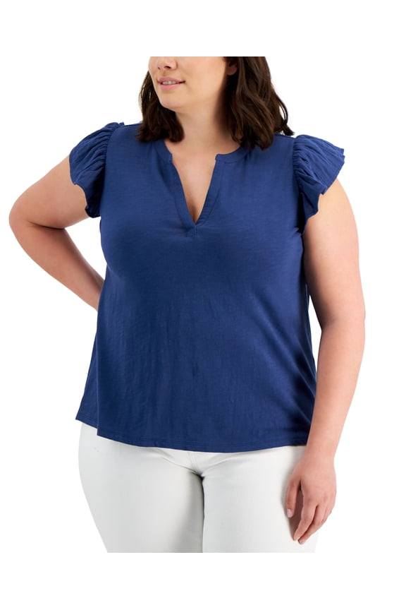 Style & Co Plus Size Cotton Flutter Sleeve Top Blue Socket 4X