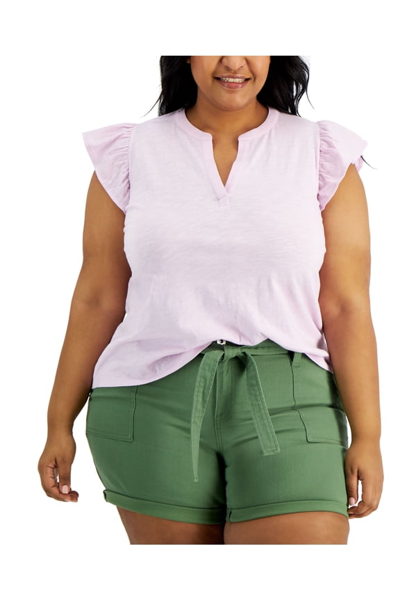 Style & Co Plus Size Cotton Flutter Sleeve Top Lavender Bouque 1X