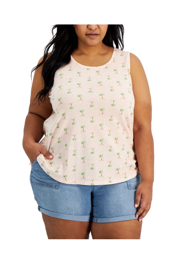 Style & Co Plus Size Cotton  Print Tank Pink Palm View 0X