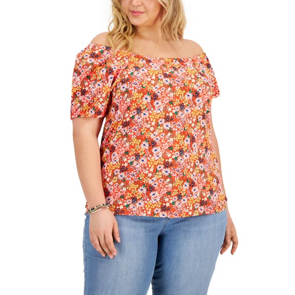 Style & Co Plus Size Cotton Printed Off The Shoulder Top Cherry Meadow 0X
