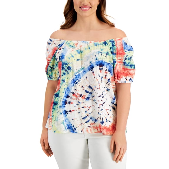 Style & Co Plus Size Cotton Printed Off The Shoulder Top Spiral Dye 0X