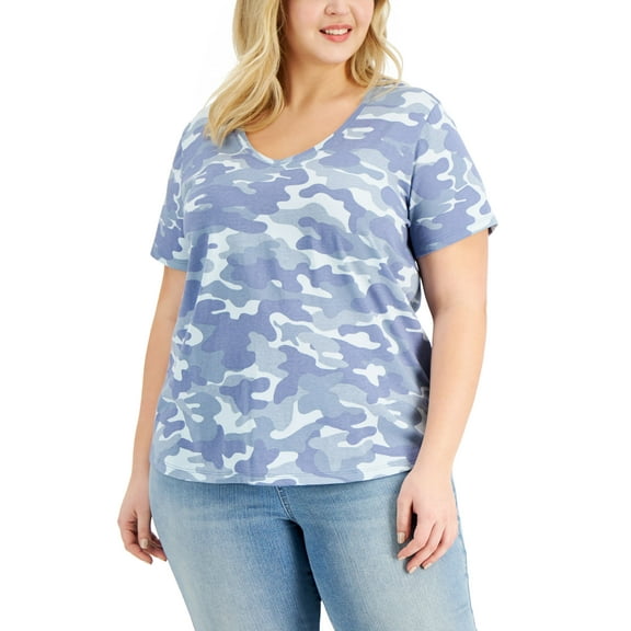 Style & Co Plus Size Cotton Printed V Neck T-Shirt Blue Camo 3X