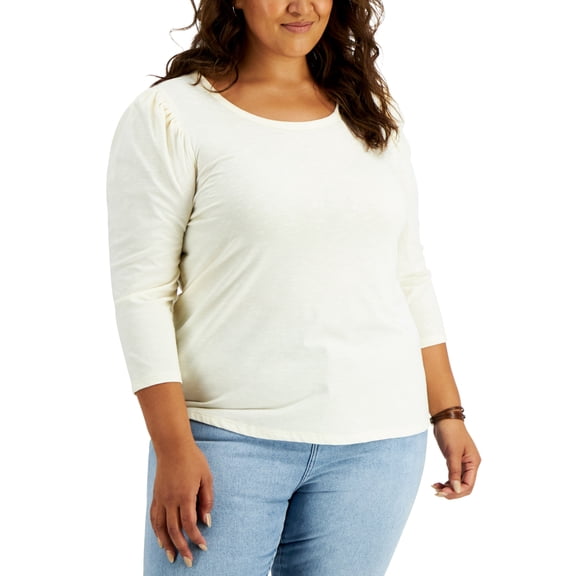 Style & Co Plus Size Cotton Puff Shoulder Top Natural Ivory 0X