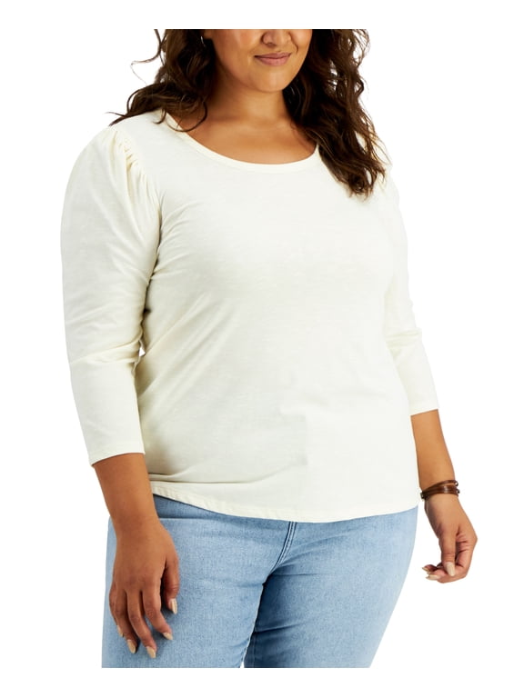 Style & Co Plus Size Cotton Puff Shoulder Top Natural Ivory 0X