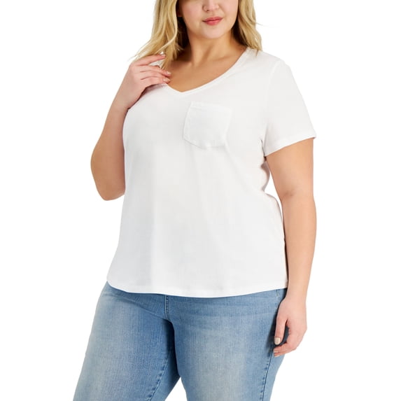 Style & Co Plus Size Cotton Solid V Neck Top Bright White 3X