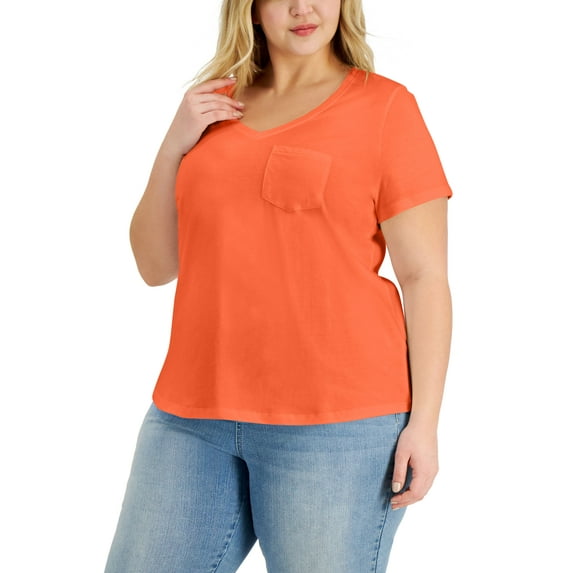 Style & Co Plus Size Cotton Solid V Neck Top Cherry Bliss 0X
