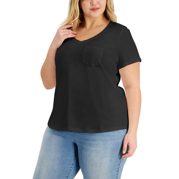 Style & Co Plus Size Cotton Solid V Neck Top Deep Black 4X