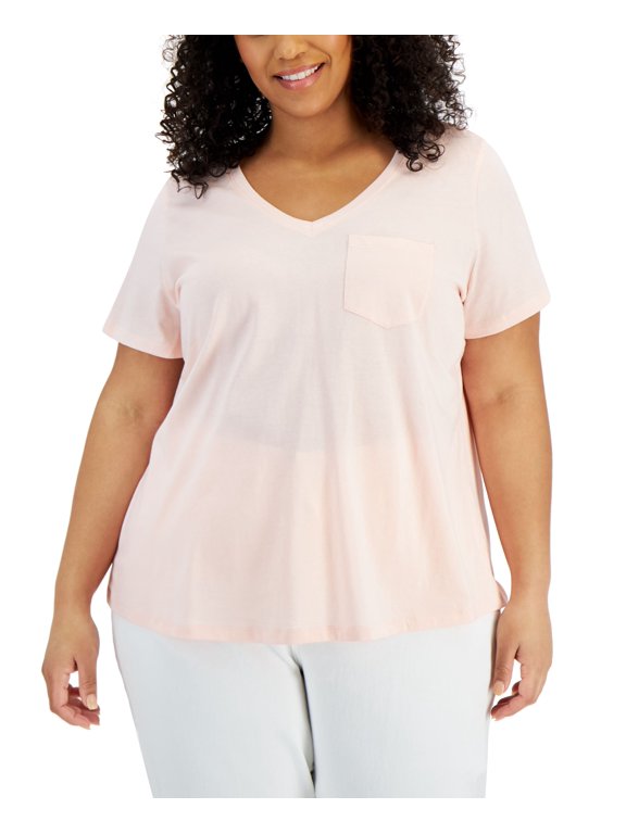 Style & Co Plus Size Cotton Solid V Neck Top Soft Shell 2X