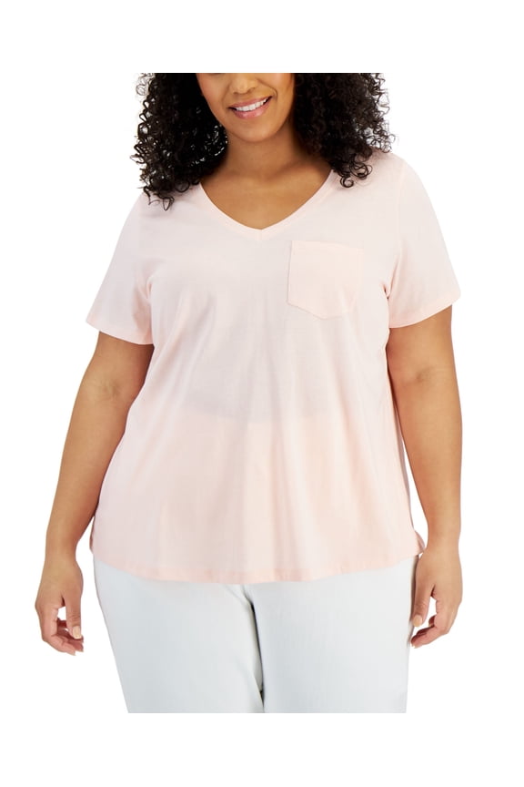Style & Co Plus Size Cotton Solid V Neck Top Soft Shell 2X