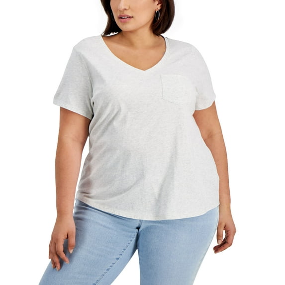 Style & Co Plus Size Cotton Solid V Neck Top Whispy Grey Heather 1X