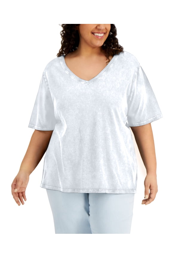 Style & Co Plus Size Cotton V Neck T-Shirt Bright White 2X