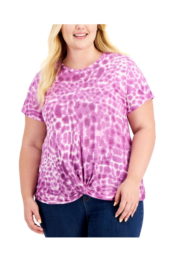Style & Co Plus Size Crossover Top Purple Animal 2X