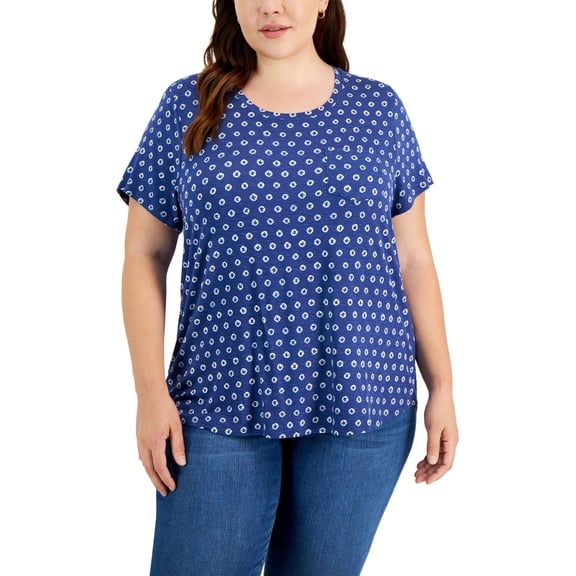 Style & Co Plus Size Drapey One Pocket T-Shirt Blue Dye Dots 0X