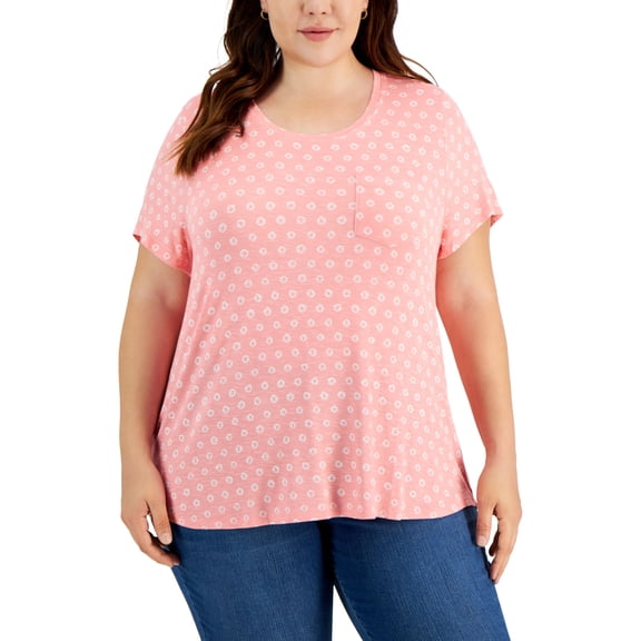 Style & Co Plus Size Drapey One Pocket T-Shirt Peach Dye Dots 0X