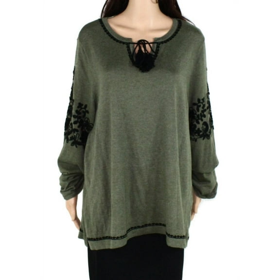 Style & Co Plus Size Embroidered Peasant Sweater Olive Sprig 0X
