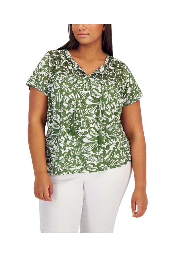 Style & Co Plus Size Embroidered Tassel T-Shirt Barb Bloom Green 4X