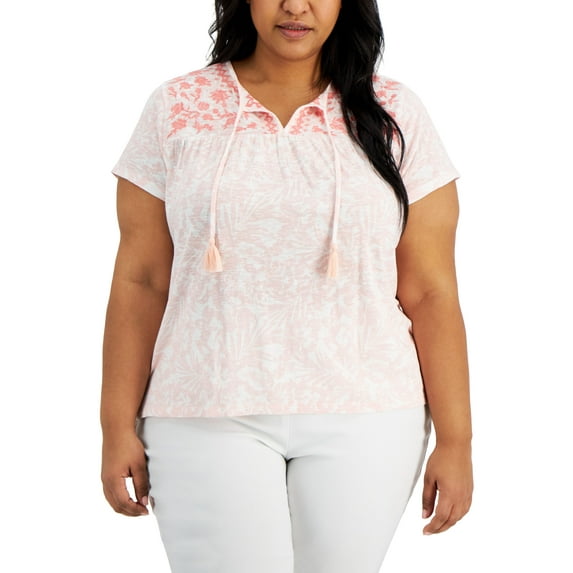 Style & Co Plus Size Embroidered Tassel T-Shirt Barb Bloom Shell 1X