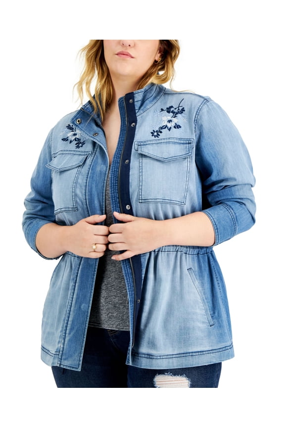 Style & Co Plus Size Embroidered Utility Denim Jacket Angel Falls 1X
