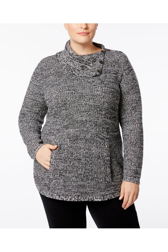 Style & Co Plus Size Envelope Collar Marled Sweater Deep Black Warm Ivory 0X