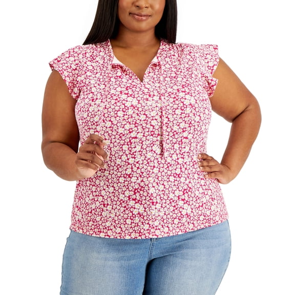 Style & Co Plus Size Floral Print Flutter Sleeve Tie Neck Top Bold Strawberry 3X