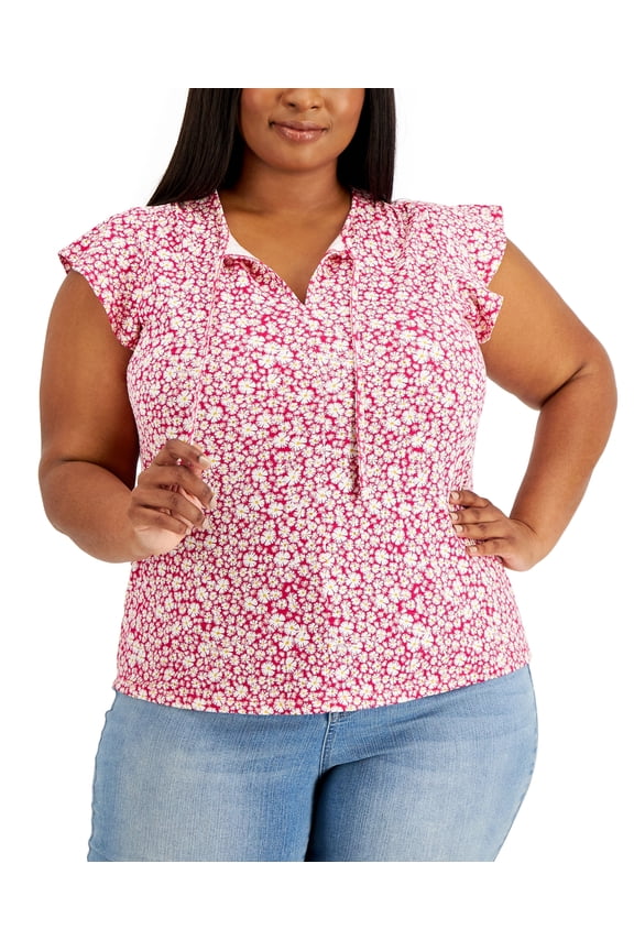 Style & Co Plus Size Floral Print Flutter Sleeve Tie Neck Top Bold Strawberry 3X