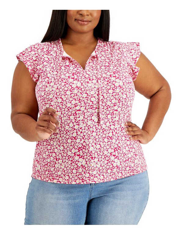 Style & Co Plus Size Floral Print Flutter Sleeve Tie Neck Top Bold Strawberry 3X