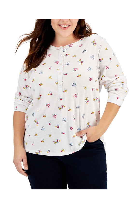 Style & Co Plus Size Floral-Print Henley Top Lucy Bouquet 1X