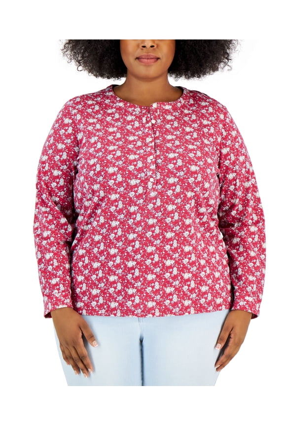 Style & Co Plus Size Floral-Print Henley Top Repeat Petals 2X