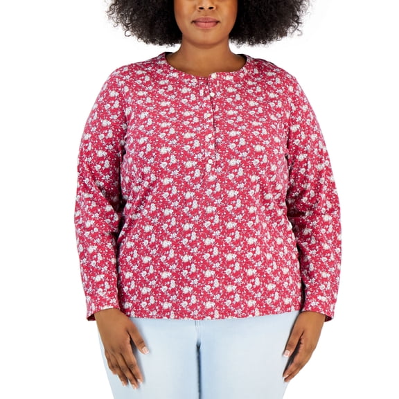 Style & Co Plus Size Floral Print Henley Top Repeat Petals 4X