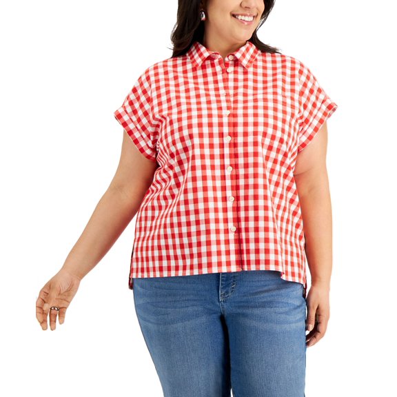 Style & Co Plus Size Gingham Cotton Camp Shirt Gingham Red 2X