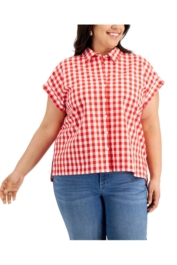 Style & Co Plus Size Gingham Cotton Camp Shirt Gingham Red 2X