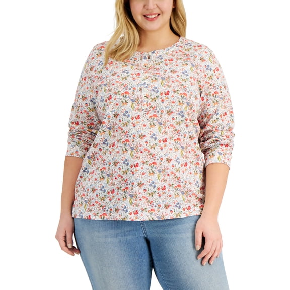 Style & Co Plus Size Knit Henley Top White Meadow 2X
