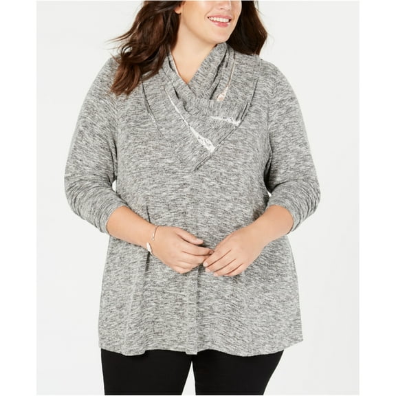 Style & Co Plus Size Lace Trimmed Cowl Neck Top Gunmetal 0X
