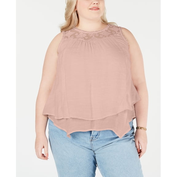 Style & Co Plus Size Lace Yoke Crochet Trim Tiered Top Crushed Petal 3X