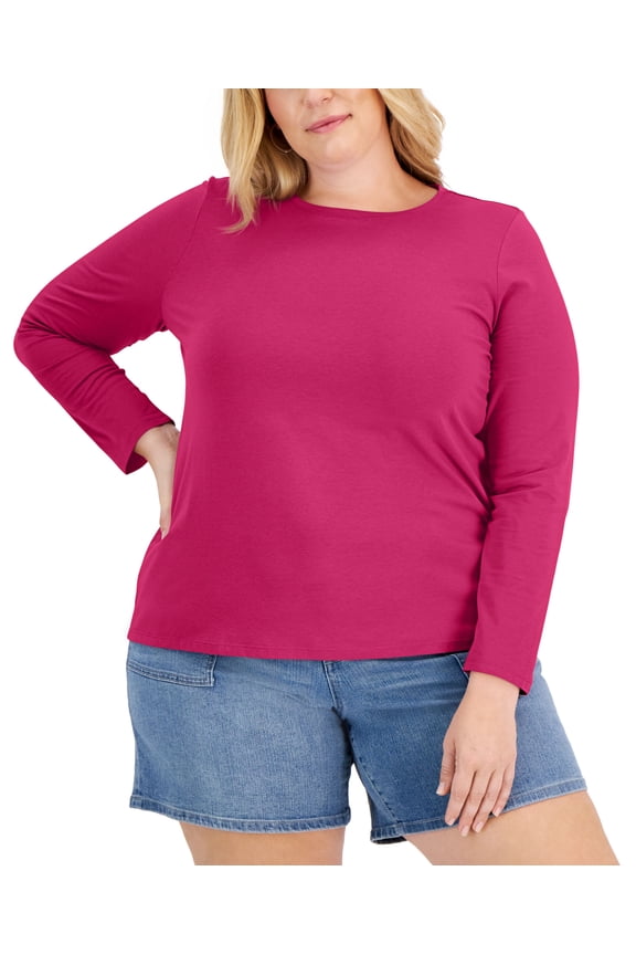 Style & Co Plus Size Long-Sleeve T-Shirt Fire Pink 0X