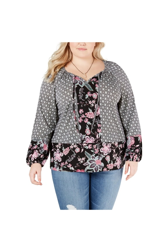 Style & Co Plus Size Mixed Print Bishop Sleeve Top Multi 3X