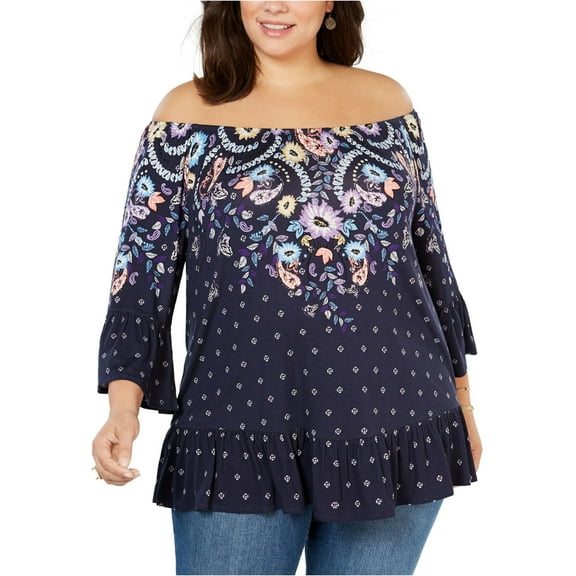 Style & Co Plus Size Mixed Print Off The Shoulder Top Blue 1X