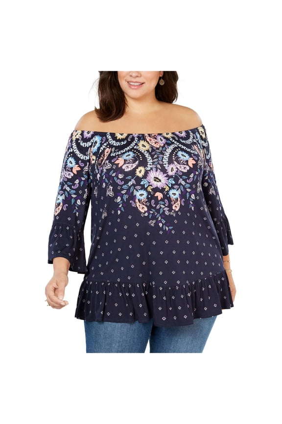 Style & Co Plus Size Mixed Print Off The Shoulder Top Blue 1X