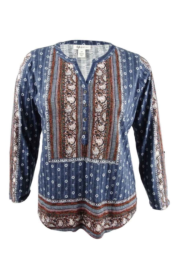Style & Co Plus Size Mixed Print Peasant Top Blue Folklore 0X