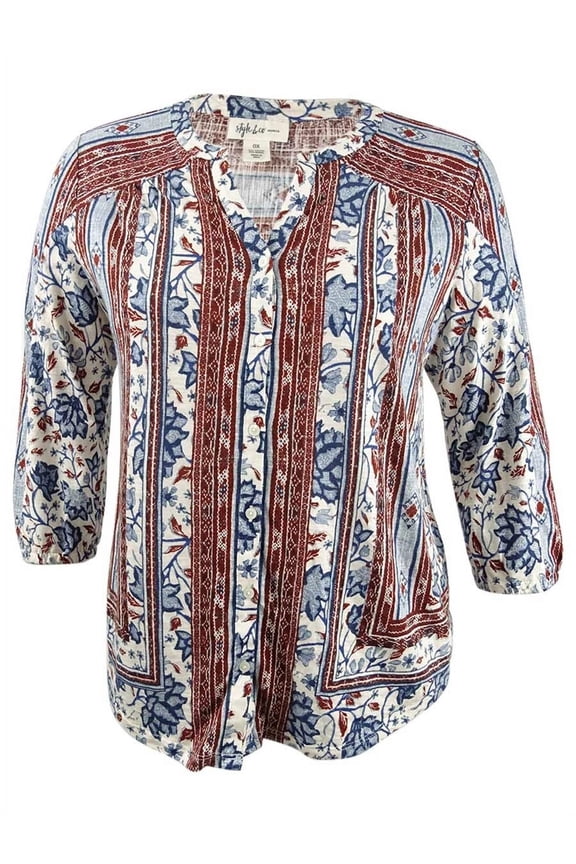 Style & Co Plus Size Mixed Print Peasant Top Ivory Batik 3X