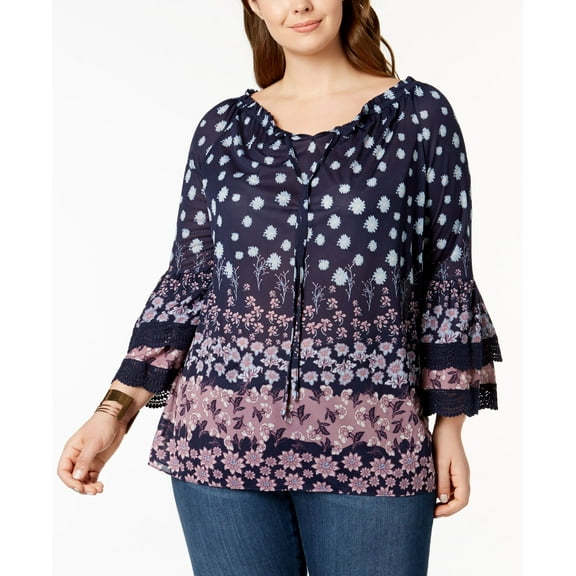 Style & Co Plus Size Mixed Print Ruffled Sleeve Swing Off The Shoulder Top Black L
