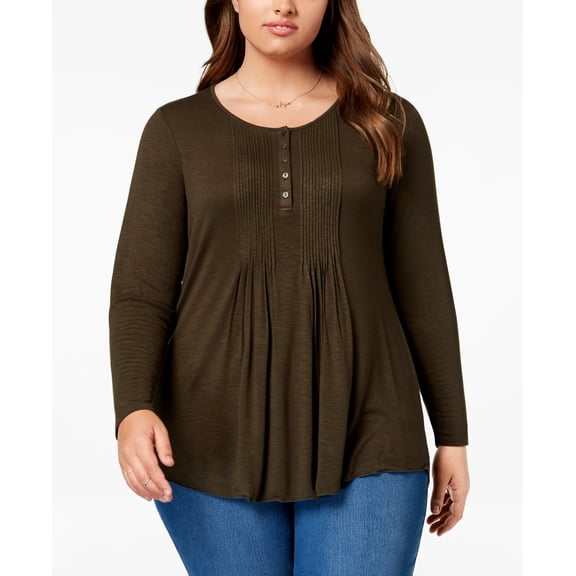 Style & Co Plus Size Pintuck Top Evening Olive 3X