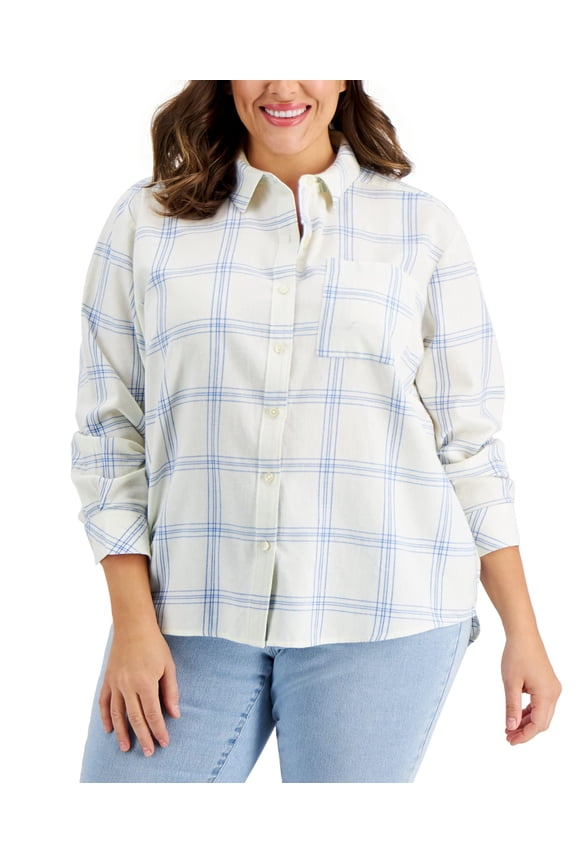 Style & Co Plus Size Plaid Cotton Shirt Aventurine 0X
