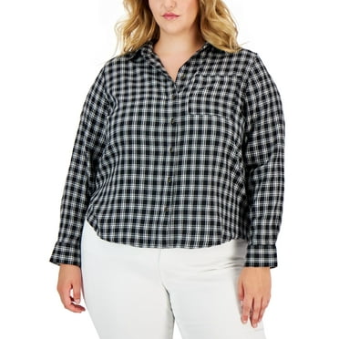 Style & Co Plus Size Plaid Perfect Shirt Deep Black 0X