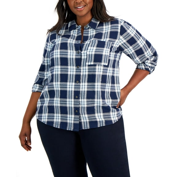 Style & Co Plus Size Plaid Perfect Shirt Industrial Blue Combo 0X
