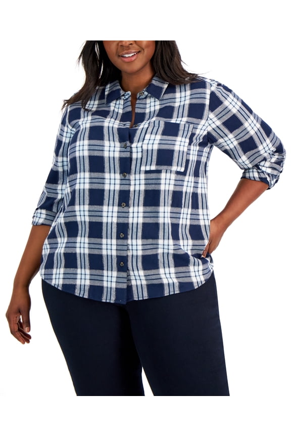 Style & Co Plus Size Plaid Perfect Shirt Industrial Blue Combo 1X