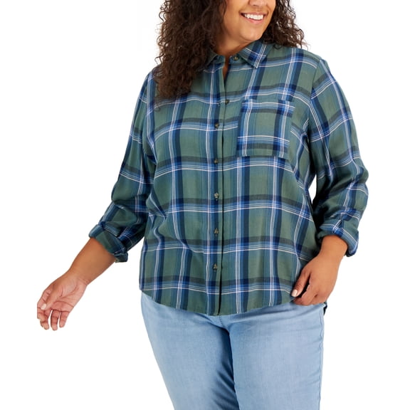 Style & Co Plus Size Plaid Perfect Shirt New Pale Sage Combo 0X