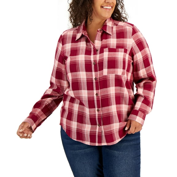 Style & Co Plus Size Plaid Perfect Shirt Scarlet Crush Combo 3X