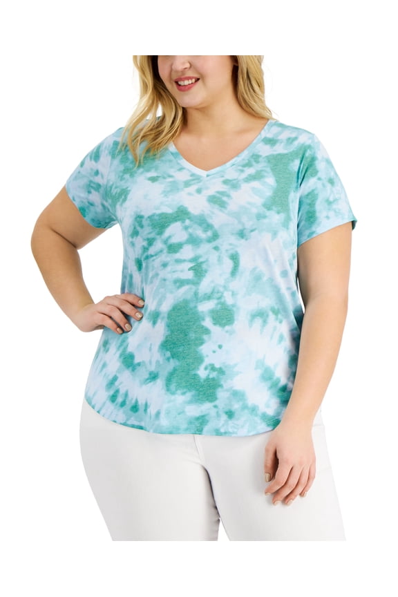Style & Co Plus Size Printed Burnout V Neck Top Emerald Dye 0X